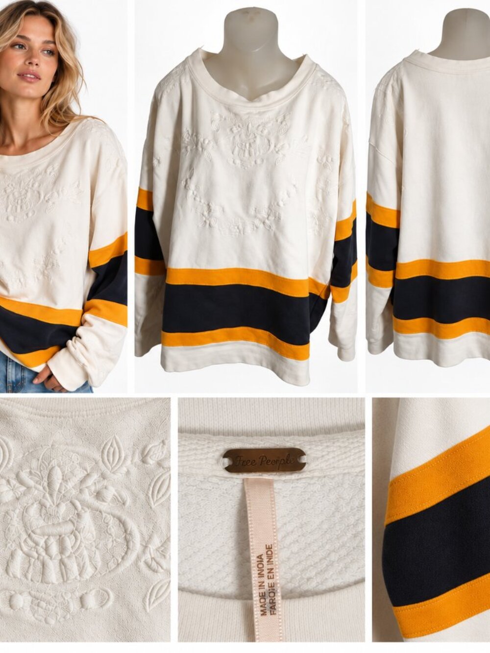 Free People Embossed Stripe Sweatshirt Relaxed Fit Crew Neck Cozy Pullover SP